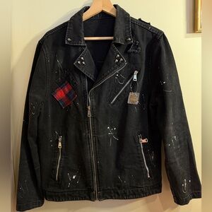 Black Distressed Men's Biker Jacket with Plaid Patch